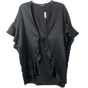 Victoria's Secret NWT Women's Black Satin Love Short Sleeve Tie Robe One Size